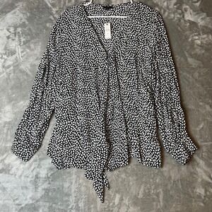 Talbots Plus Petite Black White Print Long Sleeve Tie Front Blouse Shirt 2XP